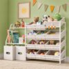 CODACE Kids Toy Storage Organizer - Toy Storage Shelf for Toddlers with 12 Removable Fabric Bins & 2 Boxes & 2-Tier Bookshelves, Organization for Playroom & Bedroom & Nursery, Anti-Tip Design, White
