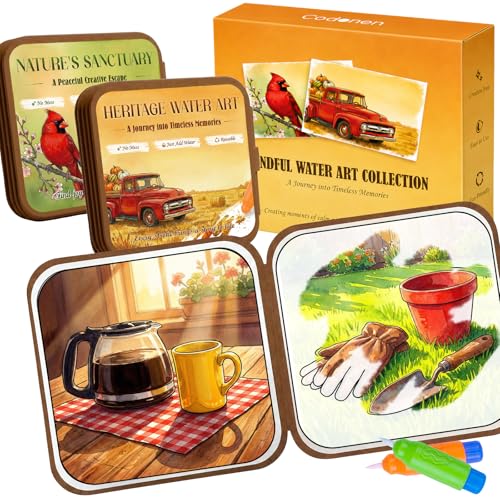 Codonen 2 Pack Reusable Water Painting Books for Seniors, No-Mess Water Reveal Activity Set for Dementia & Alzheimer’s Care, 20 Pages, 2 Pens, Gift for Elderly Loved Ones