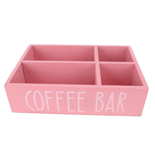Coffee Station Organizer, 4 Compartments Wooden Countertop Organizer, Condiment Service Tray Versatile Pod Holder with Dividers, Coffee Bar Accessories for Home Office Breakroom (Pink)