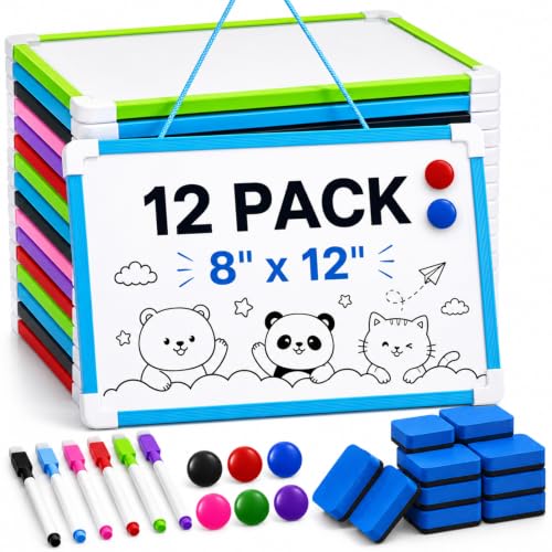 Colarr 12 Pack Hanging Magnetic Dry Erase Board 8'' x 12'' Small Double Sided White Board for Students Teachers Mini Whiteboard Bulk School Supplies Including Markers Magnetic Buttons and Blue Erasers