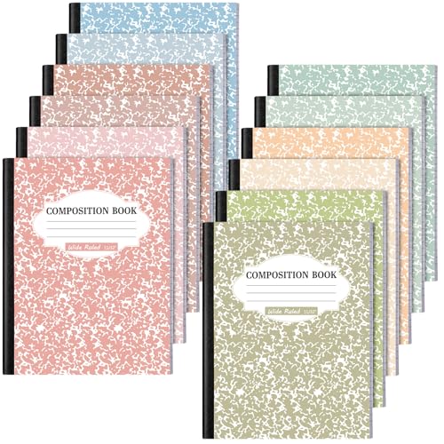 Colarr 12 Pack Wide Ruled Composition Notebook 9.75 x 7.5 Inch Marble Paper Composition Books Assorted Fun Colors Office School Notebook, Hard Cover, Sturdy Sewn Binding (Earthy Color)