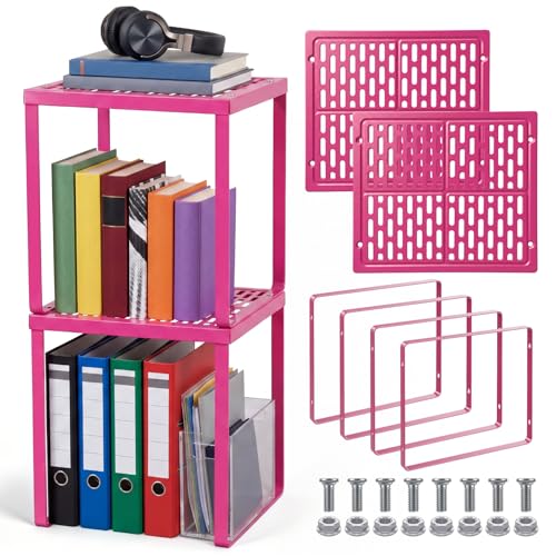 Colarr 2 Pcs Locker Organizer Shelf Stackable 2-Tier Shelves Fits Standard Size School Lockers Heavy Duty Metal Locker Shelf for School Office Gym Lockers Home Storage 11x 10 x 12 Inch (Magenta)