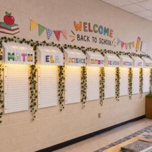 Colarr Back to School Classroom Awning Decor Kit, 8 Pack Bulletin Board Canopy with Lined Paper Posters Grapevine Leaves Garlands Alphabet Letter Stickers Warm LED Lights for Teachers Wall Decor