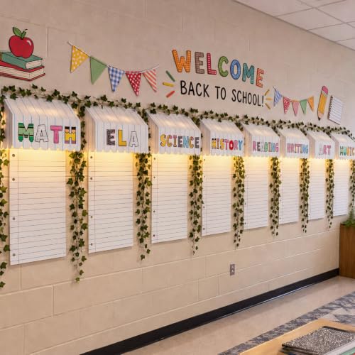 Colarr Back to School Classroom Awning Decor Kit, 8 Pack Bulletin Board Canopy with Lined Paper Posters Grapevine Leaves Garlands Alphabet Letter Stickers Warm LED Lights for Teachers Wall Decor