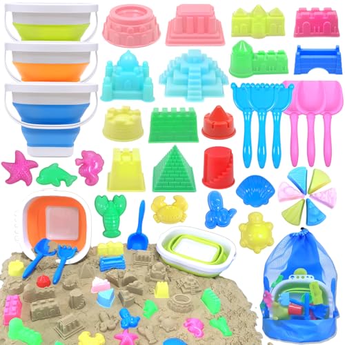 Collapsible Beach Toys for Kids, 38Pcs Sand Toys, 3 Foldable Buckets and Shovels Set with Mesh Bag,Sand Castle Building Kit, Travel Sandbox Toys, Beach Essentials for Kids Toddlers Boys Girls Age 3-10