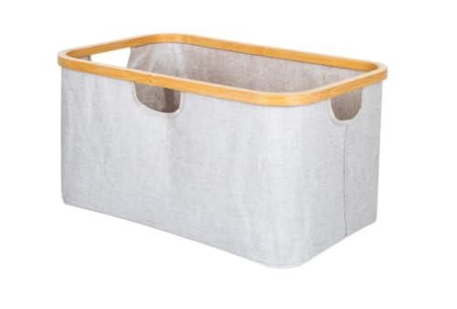Collapsible Laundry Hamper with Bamboo Rim, Large Oxford Fabric Clothes Storage Basket with Side Handles, Foldable Organizer Bin for Bedroom Bathroom Dorm, Gray Beige Black Available