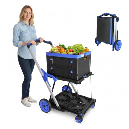 Collapsible Shopping Cart with Wheels – Heavy Duty Folding Utility Trolley 200 lbs Capacity, Removable 360° Swivel Wheels with Brake, Easy Fold & Store for Grocery Warehouse Office Picnic