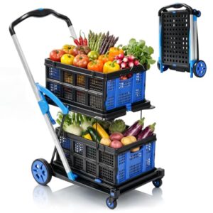 Collapsible Shopping Cart with Wheels, Multi Use Two Tier Collapsible Cart, 200 lbs Capacity Grocery Cart, with Foot Brake for Groceries/Office/Warehouse/Supermarket, Blue