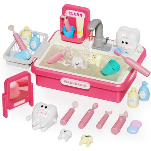 Color Changing Teeth Brushing Dentist Play Set, Kids Play Sink with Running Water, Electric Faucet,Wash Basin,Montessori Toys Simulated Teeth Cleaning, Pretend Play Toys for Boys Girls Toddlers (Pink)