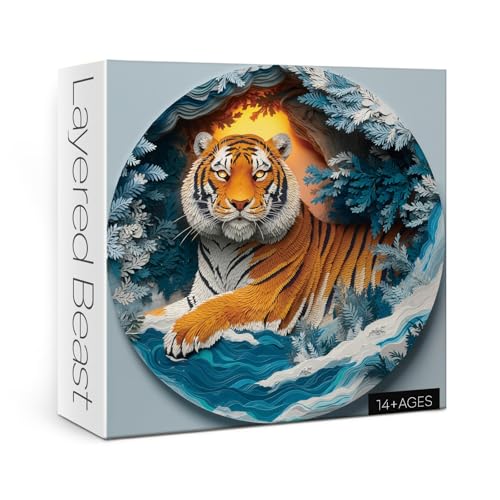 Colorful 3D Paper Cut Puzzles for Adults 1000 Pieces Art, Beautiful Plant Tiger Forest Sunset Jigsaw Puzzles, Challenging Unique Shaped Fantasy Puzzle