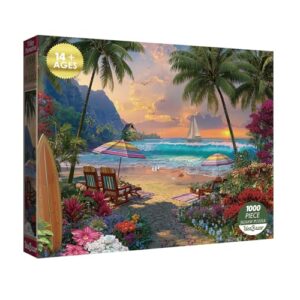 Colorful Beach Ocean Puzzles for Adults 1000 Pieces Nature, Beautiful Hawaii Bird Flower Plant Tree Jigsaw Puzzles, Pretty Landscape Sunset Sailboat Floral Scenery Puzzle