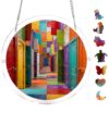 Colorful Doors Maze Scene 7.48 Inch Round Acrylic Suncatcher Puzzle, Window Hanging Decor with Chain, DIY Crystal Ornament Gift