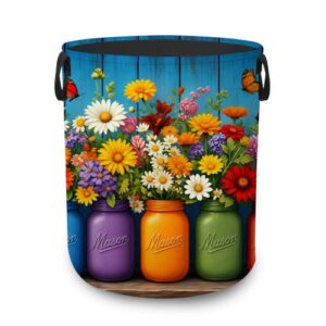 Colorful Mason Jars Portable Laundry Hamper,Wildflower Butterfly Collapsible Clothes Basket with Handles,Waterproof Oxford Cloth Organizer for Dorm Bedroom Bathroom Nursery,16 x 20 Inch