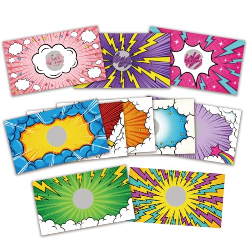 COMBLOOM 120 PCS Custom Scratch Off Cards 10 Styles Comic Series Scratch Off Cards Stickers DIY Coupon Scratch Off Tickets for Kids Reward Teacher Classroom Supplies Birthday Party Favors