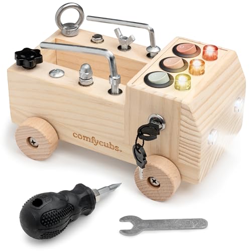 Comfy Cubs Busy Board Toy Truck Set - Fun & Noise-Free, Pine Wood Activity Board for Toddlers with LED Light Switch - Designed in the US, Focused & Engaging Montessori Play for Kids 3+ (Natural Wood)