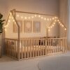 Comfy Cubs Kids House Gated Floor Bed Twin Size – 100% Pinewood Montessori Floor Bed with Safety Enclosure for Children Aged 5+, Fun Kids Playhouse Design for Sleep & Play - Natural Wood