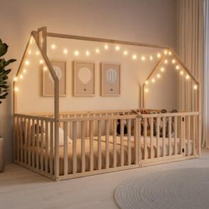Comfy Cubs Kids House Gated Floor Bed Twin Size – 100% Pinewood Montessori Floor Bed with Safety Enclosure for Children Aged 5+, Fun Kids Playhouse Design for Sleep & Play - Natural Wood