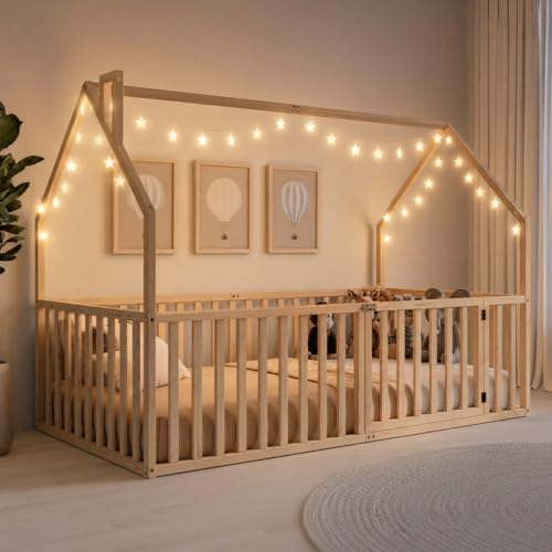 Comfy Cubs Kids House Gated Floor Bed Twin Size – 100% Pinewood Montessori Floor Bed with Safety Enclosure for Children Aged 5+, Fun Kids Playhouse Design for Sleep & Play - Natural Wood