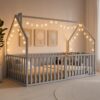 Comfy Cubs Kids House Gated Floor Bed Twin Size – 100% Pinewood Montessori Floor Bed with Safety Enclosure for Children Aged 5+, Fun Kids Playhouse Design for Sleep & Play - Grey
