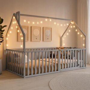 Comfy Cubs Kids House Gated Floor Bed Twin Size – 100% Pinewood Montessori Floor Bed with Safety Enclosure for Children Aged 5+, Fun Kids Playhouse Design for Sleep & Play - Grey