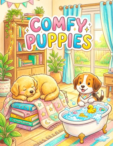Comfy Puppies Coloring Book: Bold and Easy Designs of Adorable Dogs, Cute Puppies, and Cozy Hygge Scenes for Relaxation, Mindfulness, and Stress Relief for Adults, Teens, and Kids