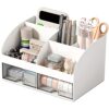 COMFYROOM Desk Organizer with 6 Compartments and 2 Drawers, Plastic Makeup Organizer, Pen Holder for Desktop Storage, Desk Organization for School, Home, Office Supplies (White)