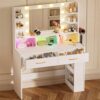 COMHOMA Vanity Desk with Mirror and Light, Small Makeup Vanity with Storage Drawers & Power Outlet, 3 Lighting Modes & Adjustable Brightness, Dressing Table for Women Girls Bedroom, White