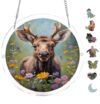 Comical Moose Cartoon Style Acrylic Suncatcher Puzzle 7.4 Inch | 83Pc Rainbow Prism Window Hanging, Humorous Woodland Hobbyist, Moss Tree Craft, Cabin Kids Window Light Decor