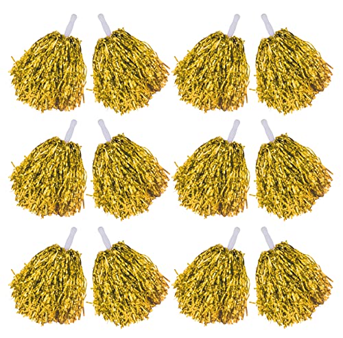 Comicfs 12 Pcs Pom Poms Cheerleading Cheerleader Pom Poms Spirited Cheer Pom Poms Cheerleader Pom Poms Baton Handle Metallic Foil Fun Pom Poms for Sports Team Party Dance (Metallic Foil- Gold)