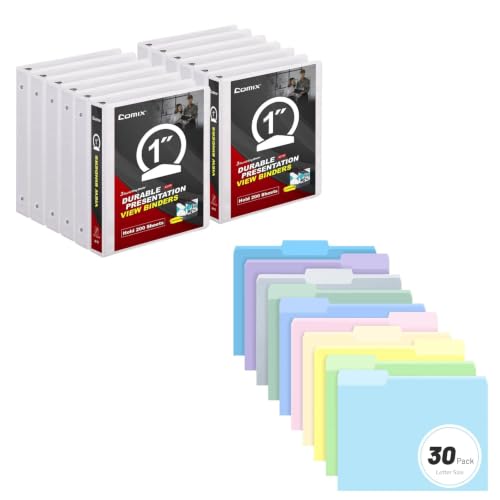 COMIX All-in-One Document Organizer Bundle – 12 Pack 1 Inch Clear View 3 Ring Binders & 30 Pack Morandi PP Manila Folders, PVC-Free Letter Size Filing Supplies for School, Office & Home