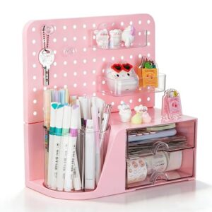 Comix Desk Organizer with 2 Drawer, Pink 360° Rotating Pen Holder for Desk