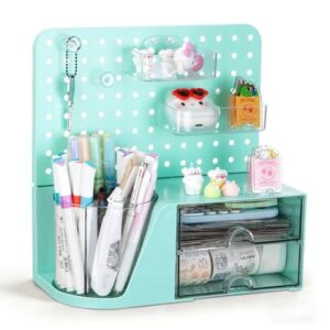 Comix Desk Organizer with Drawer, 360° Rotating Pen Holder for Desk, Pen Organizer with 5 Slots Pencil Holder+Pegboard+2 Drawer for Office Home Art Supplies (Green)