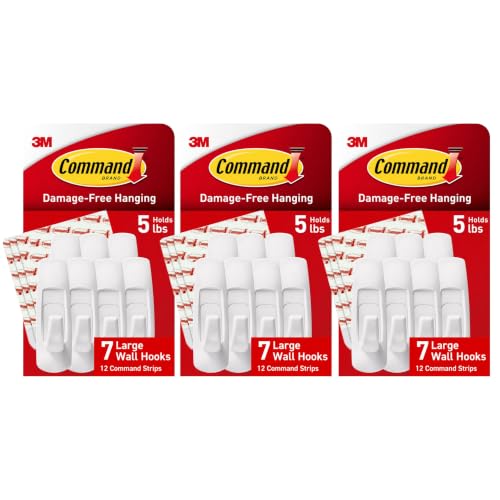 Command Large Utility Hooks, 3 Pack, White Adhesive Wall Hanging, Removable Damage Free, 21 Count with 36 Strips, 5 lb Indoor Home Use on Painted Surfaces, Wood, Glass, Tile, Metal