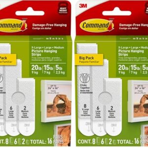 Command Picture Hanging Strips Variety Pack, Damage-Free Picture Hangers, No Tools Wall Hanging Strips White, 2 Medium, 6 Large and 8 X-Large Pairs, (Pack of 2)