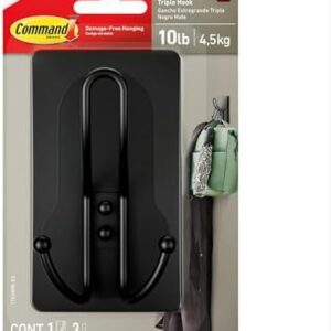 Command X-Large Matte Black Triple Hook, 1-Hook, 3 Strips, Damage-Free Hanging with Adhesive Strips, No Tools Wall Hook for Hanging Decorations in Living Spaces (Pack of 8)