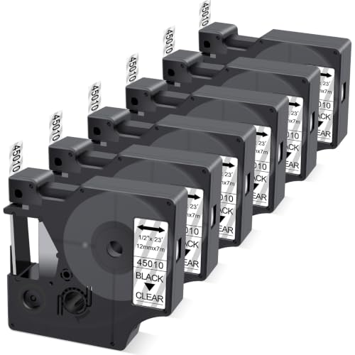 Compatible with DYMO D1 Label Tape Black on Clear Replace for DYMO Label Maker Refills 45010 S0720500, 1/2Inch x 23Ft for Dymo LabelManager 160 210D 280 360D Label Maker, 6-Pack