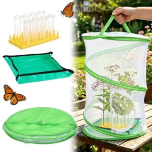 Complete Butterfly Habitat Kit - 14" W x 20" H Large Collapsible Mesh Growing Cage & Hydroponic Feeding Tubes/Rack Holder & Messproof Mat & Guide, Easy to Set Up, Monarch Caterpillars Enclosure House