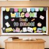 Composition Notebook Bulletin Board Classroom Decor, Welcome Back to School Bulletin Board Set, Checkered Notebook Paper Stationery Apple Cutouts for First Day of School Wall Door Classroom Decor