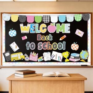 Composition Notebook Bulletin Board Classroom Decor, Welcome Back to School Bulletin Board Set, Checkered Notebook Paper Stationery Apple Cutouts for First Day of School Wall Door Classroom Decor