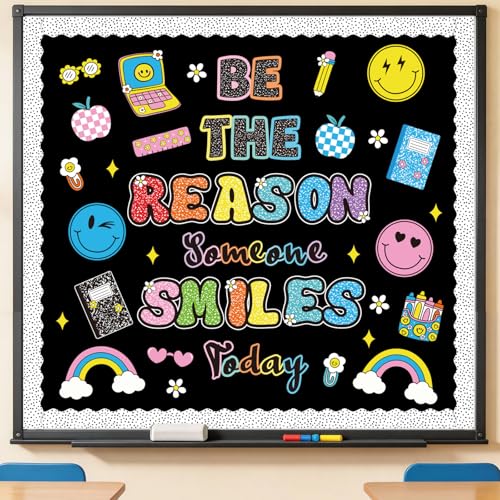 Composition Notebook Classroom Decor, Be The Reason Someone Smiles Today Bulletin Board with Happy Face Apple Rainbow Composition Book Cutouts for Posters Back to School Wall Door Chalkboard Supplies