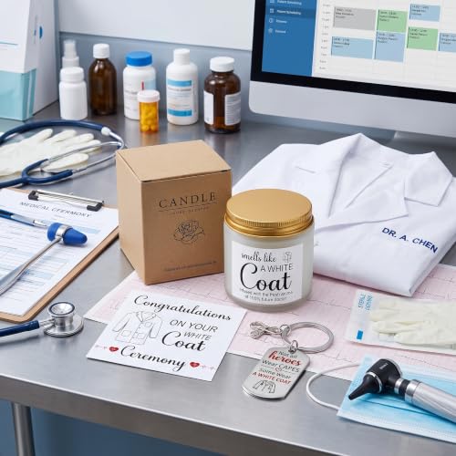 Conelist 3 Pcs White Coat Ceremony Gift for Medical Student Future Doctor Includ Jar Candle Keychain and Card Medical School Graduation Gifts for Congratulations on Your White Coat Ceremony