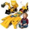 Construction Truck Toy Set,Transformable Dump Truck & Excavator with Launch Track, Light & Sound, 10 Mini Cars, Durable ABS Vehicle Playset, Ideal Gift for 3 4 5 6 7 8 Years Old Boys Kids