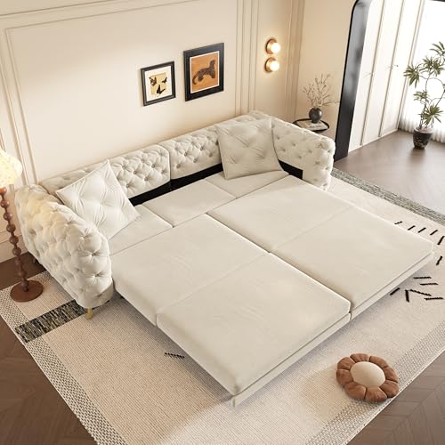 Convertible Sleeper Sofa, Sofa Bed, 3-in-1 Velvet 4-Seater Couch, Beige and White, Pull Out Sleeper with Movable Ottoman, 97. Inch Tufted Design for Apartment Bedroom Home Office
