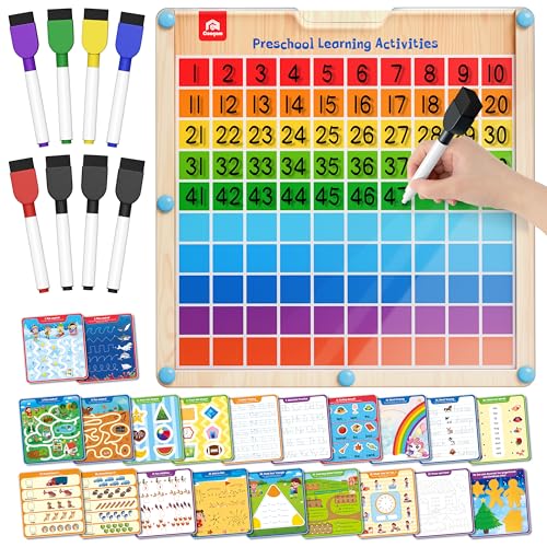 Coogam Handwriting Hundred Board, Wooden Montessori Math Manipulative 1-100 Counting Toy, Alphabet Writing Practice, Preschool Learning, Fine Motor Skills Game for Kids 3-8 with Storage Bag
