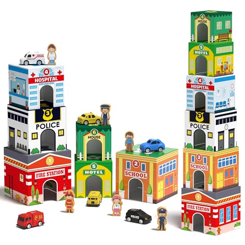 Coogam Montessori Sorting & Stacking Blocks with Nesting Garages Cars, Stackable Number Boxes for Toddlers Learning Community Helpers, Preschool Educational Toy Gift for 2 3 4 Year Old Baby