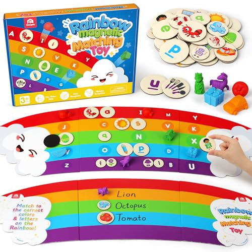 Coogam Rainbow Alphabet Learning Toy, Magnetic Letters and Mini Figures Sorting Matching Game, Fine Motor Educational Teaching Activity for Preachool Kids 3 4 5 Year Old