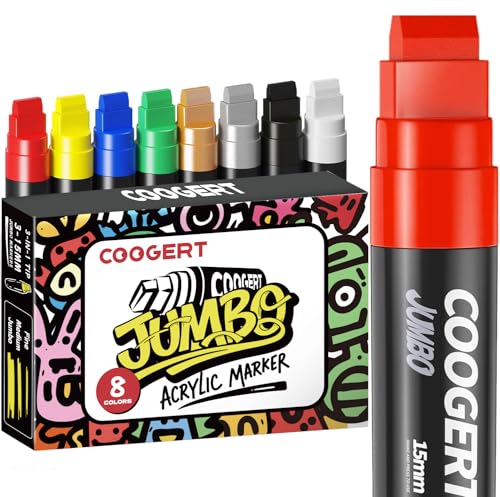 Coogert 8 Colors Jumbo Poster Markers, 15MM Thick Permanent Acrylic Graffiti Markers, Wide Tip Paint Marker for Canvas, Posters Board, Fabric, Window, Wood,Teachers,Banner painting supplies