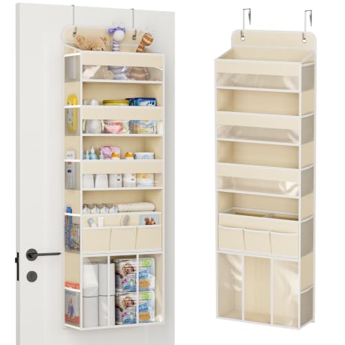 COOLBEBE Over the Door Organizer, 5-Shelf Hanging Storage with 2 Metal Hooks, Heavy Duty Door Organizer with Clear Windows & Movable Caddy for Nursery Bathroom Bedroom Closet, Beige