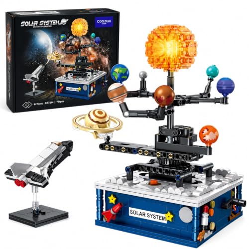 Cooldele Hand-Cranked Solar System Building Set with Light, Pcs STEM Rotating Space Exploration Building Kit with 9 Planets and Rocket, Xmas Birthday Gifts for Boys and Girls Ages 6+
