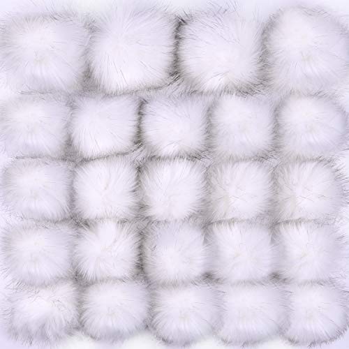 Coopay 24-Piece Faux Fox Fur DIY Fluffy Pom Pom Balls with Elastic Loop for Hats, Keychains, Scarves, Gloves, Bags, Charms - Knitting Accessories (White)